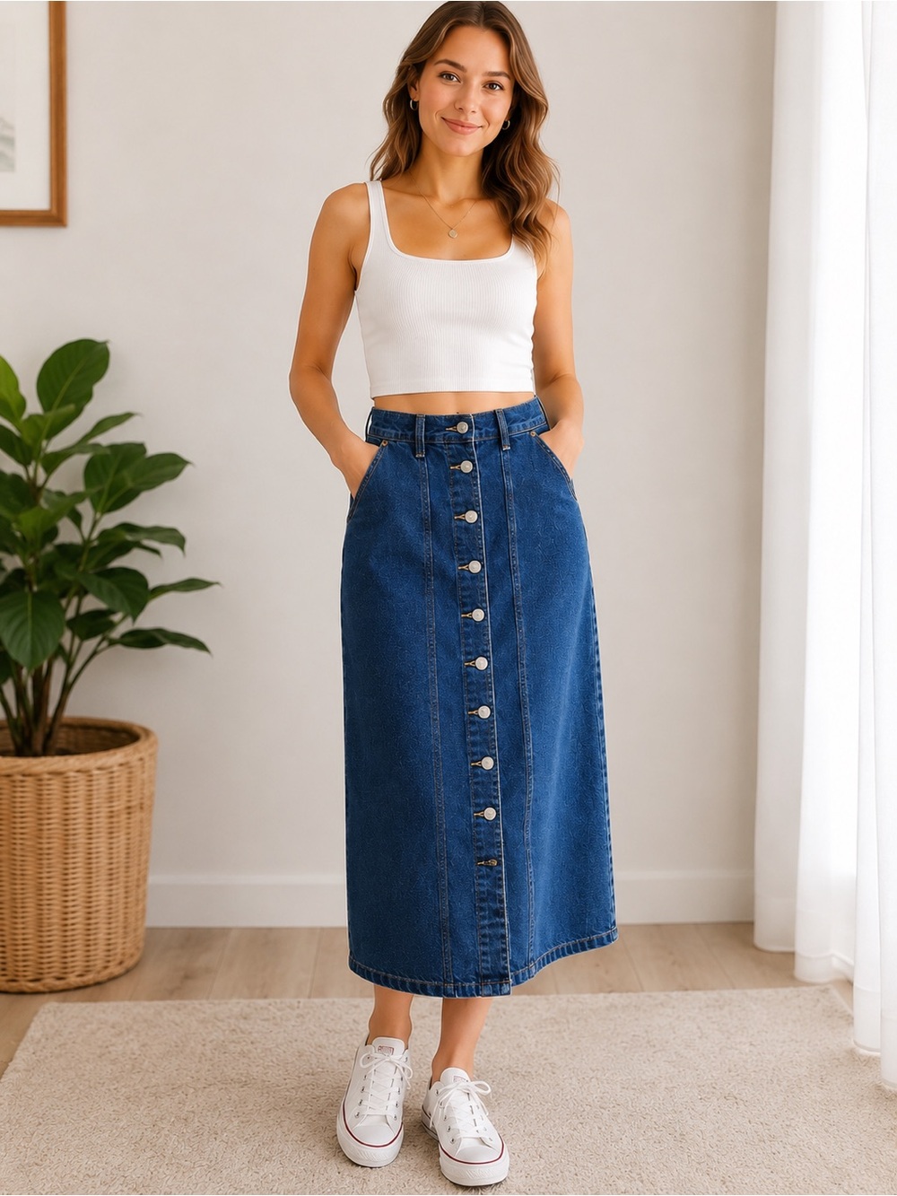Old Navy High Rise Button Front Denim Midi Skirt Size 6 Modest  Blue Jean Skirt